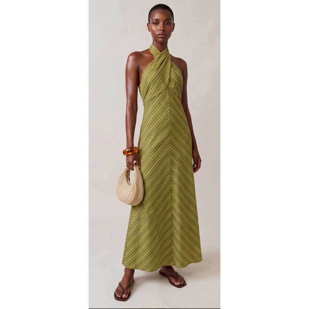 O.P.T One Pretty Time Green Striped Cotton V-Neck Back Tie Maxi Dress Large NWT